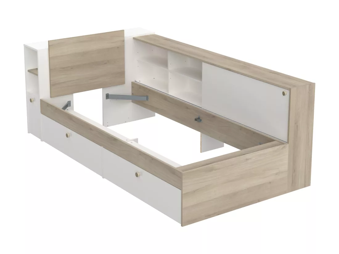 Lit modulable 90 x 190/200 cm avec rangements - Blanc et naturel - LIARA