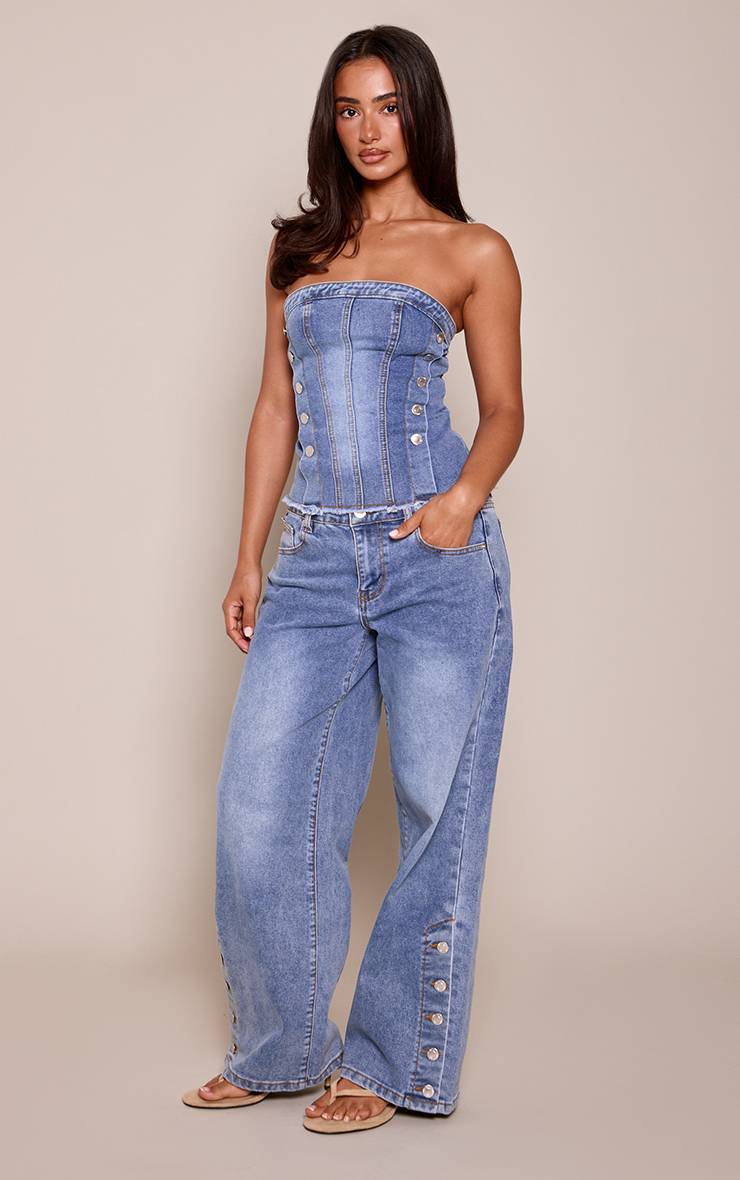 Mid Blue Wash Jean Denim Bleu Moyen Délavé Jambe Large Petite