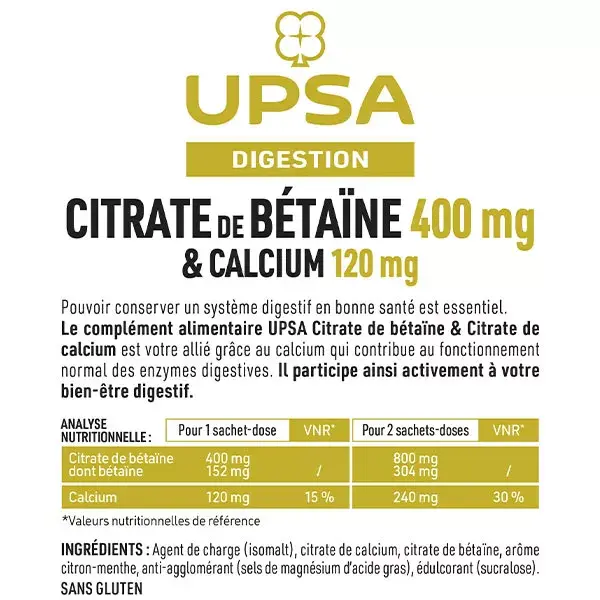 UPSA Betaína Citrato e Citrato de Cálcio Sem Açúcar para o Bem-Estar Digestivo - 10 sachês