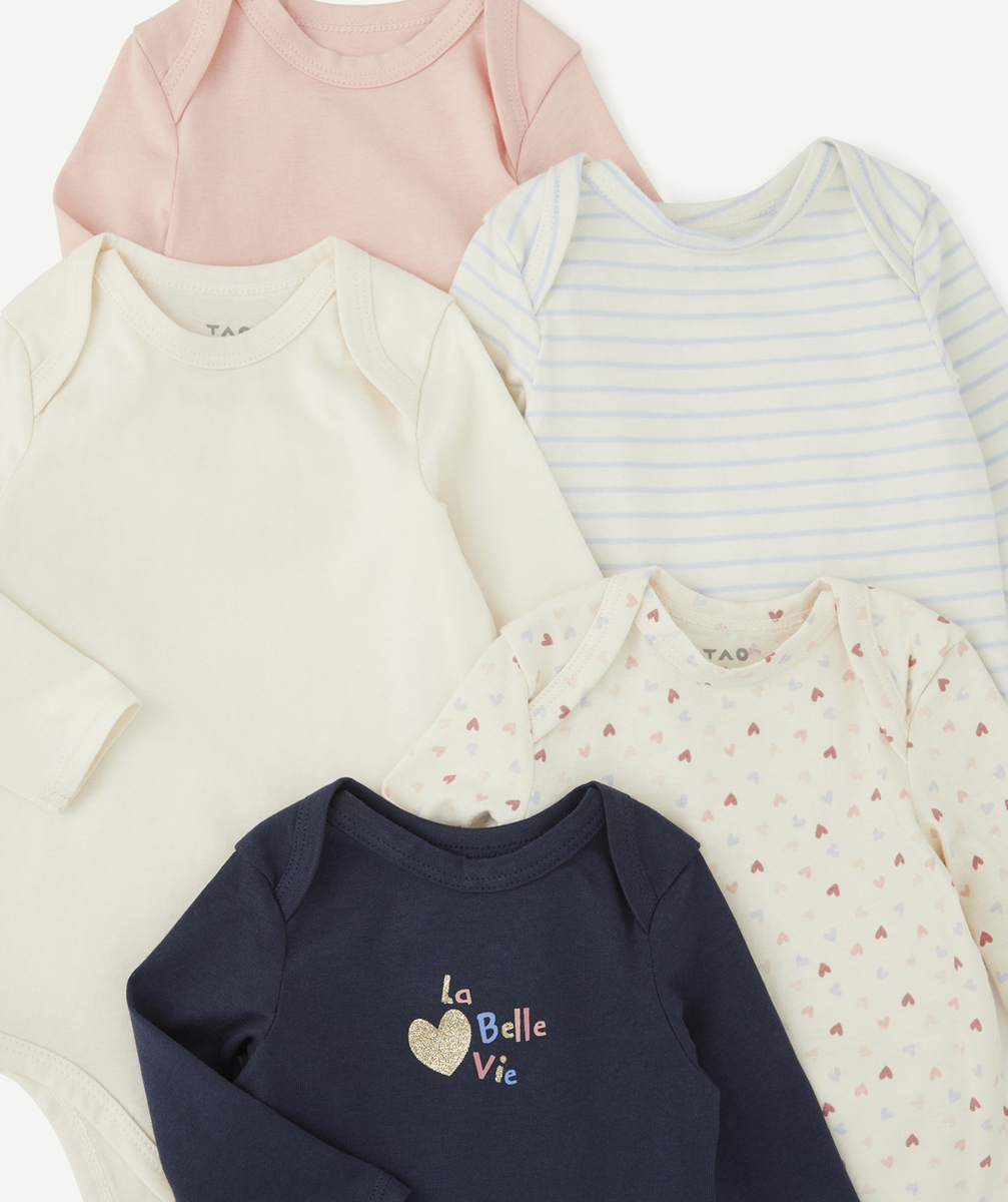 LOT DE 5 BODIES BÉBÉ EN COTON BIO THÈME COEUR BLEU ET ROSE