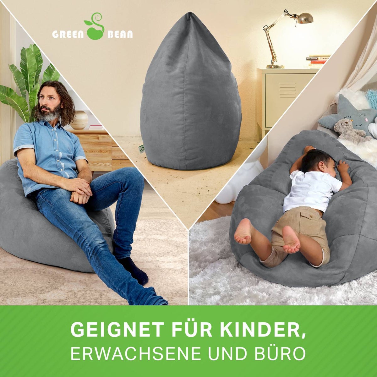 Green Bean Zitzak met rugleuning 60x60x90cm - Binnenzitkussen 220L vulling, comfortabel, wasbaar - Zitzak vloerkussen, loungestoel, voetenbank - grijs