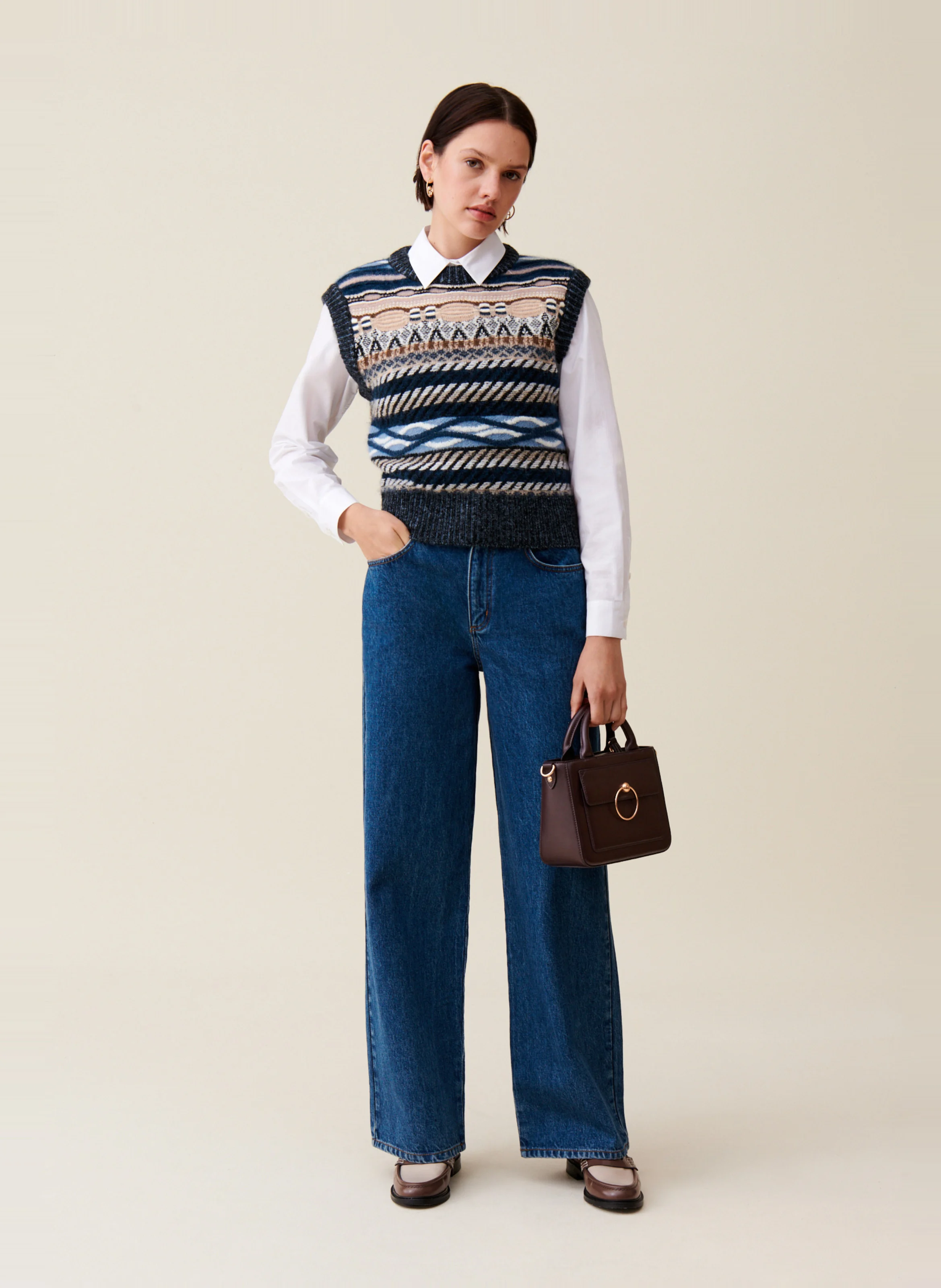Pull court sans manches rayé en laine mélangée | Multicolore