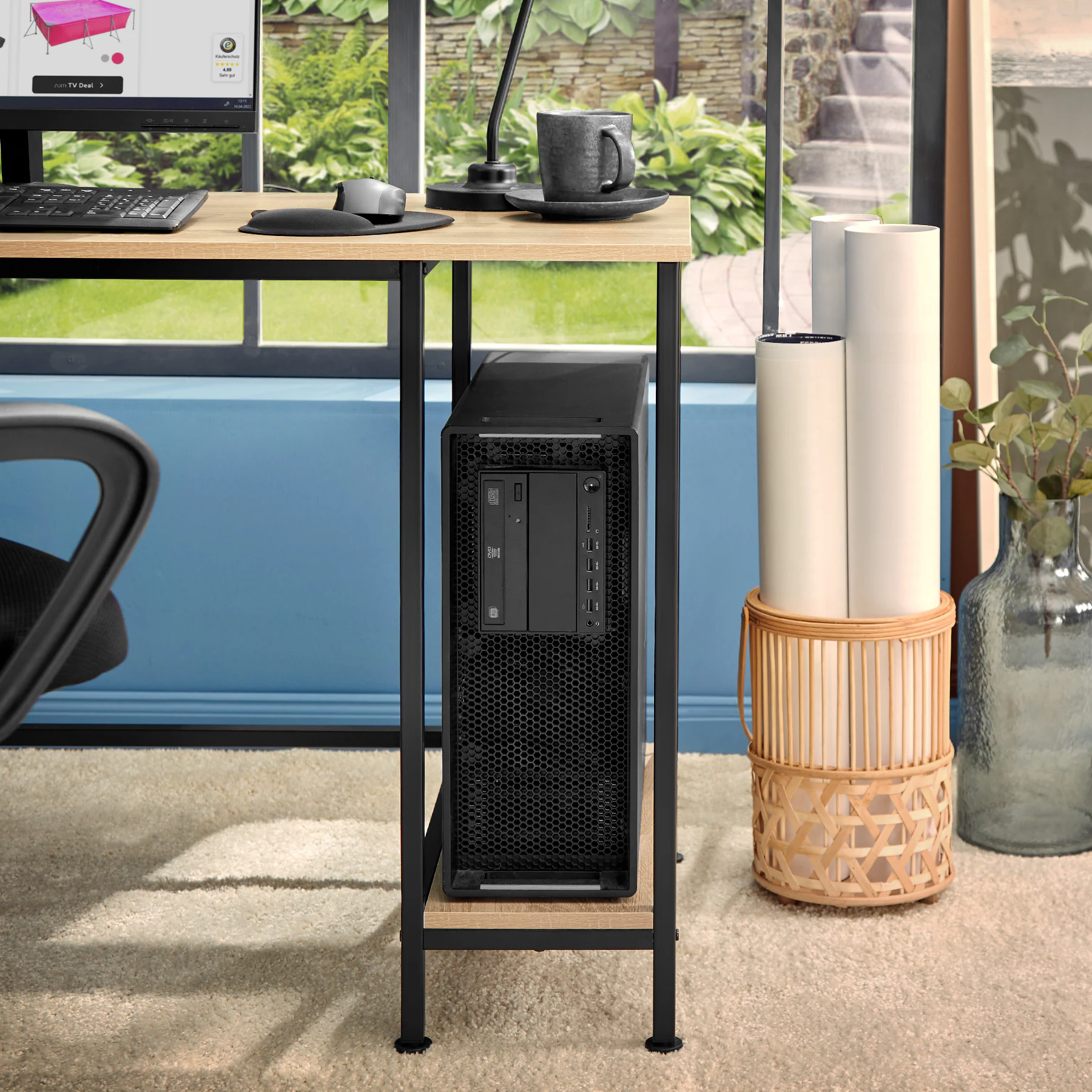 tectake® Computer-Schreibtisch, Industrial Style, 2 Seitenregale mit je 2 Ablagefächern, 137 x 55 x 75 cm