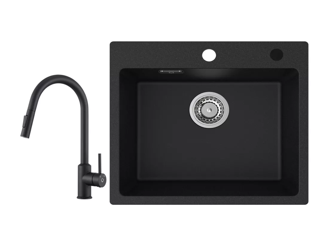 Cecipa max Evier Quartz Noir 50x45cm Evier 1 Bac en Quartz Evier de Cuisine en Granit + Mitigeur avec Douchette Extractible Rotatif à 360 ° Noir