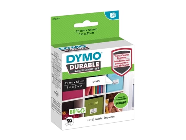 DYMO LabelWriter DURABLE - Polypropylen (PP) - permanet adhesiv - hvit - 25 x 54 mm 160 etikett(er) (1 rull(er) x 160) merkelapper - for DYMO LabelWr