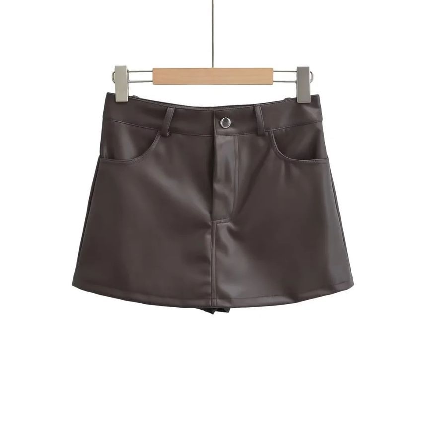 Flotto - Hoge taille, effen imitatieleren mini-kokerrok