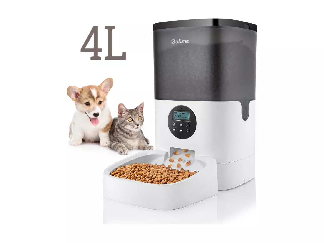 LCD Distributeur Croquettes 4L Balimo Chats/Chiens Distributeur Automatique de Nourriture Programmable 4 Repas/Jour Enregistreur 10s Vocal,Noir Blanc