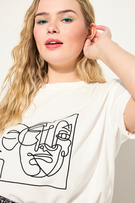 T-Shirt, Rundhals, gesticktes Frauen-Motiv