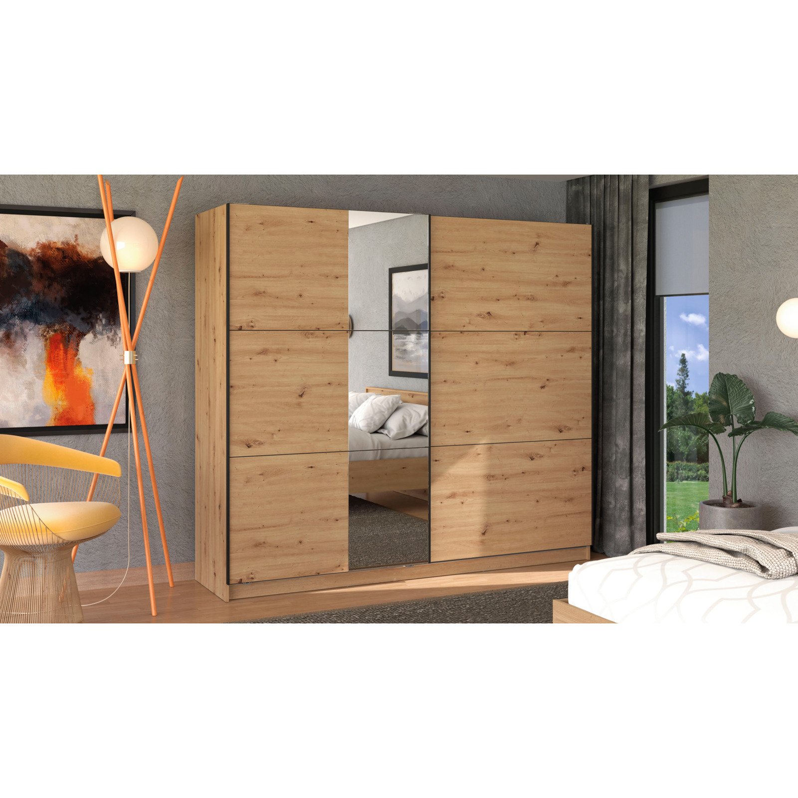 Schwebetürenschrank Sierra Melamin 237 x 210 x 62,5 cm, mit Spiegel artisan
