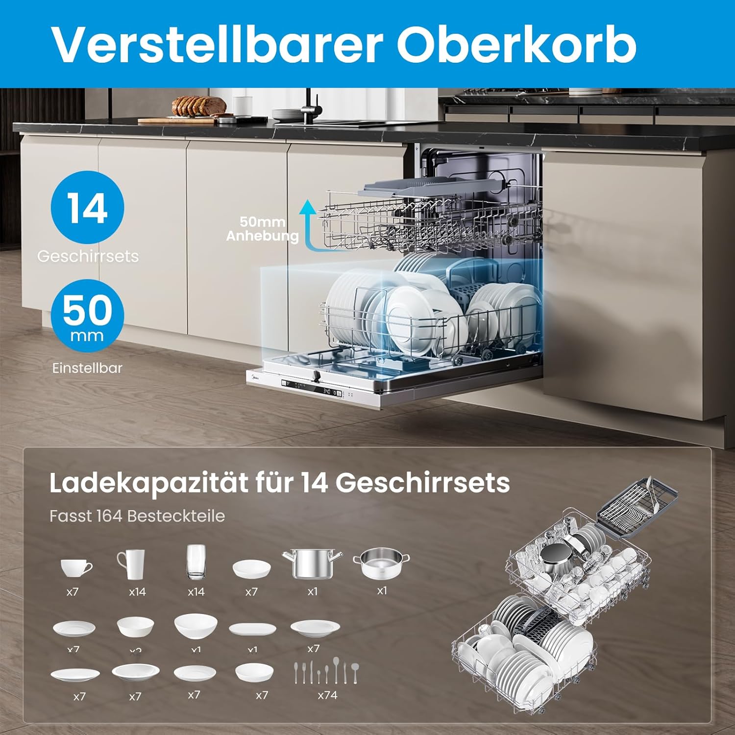 Midea SV 5.14K14C Geschirrspüler Vollintegriert 60cm, 14 Maßgedecke, Spülmaschine Unterbaufähig mit WIFI, 8 Programme, 44 dB, Automatische Türöffnung, 0-24H Startverzögerung, Inox