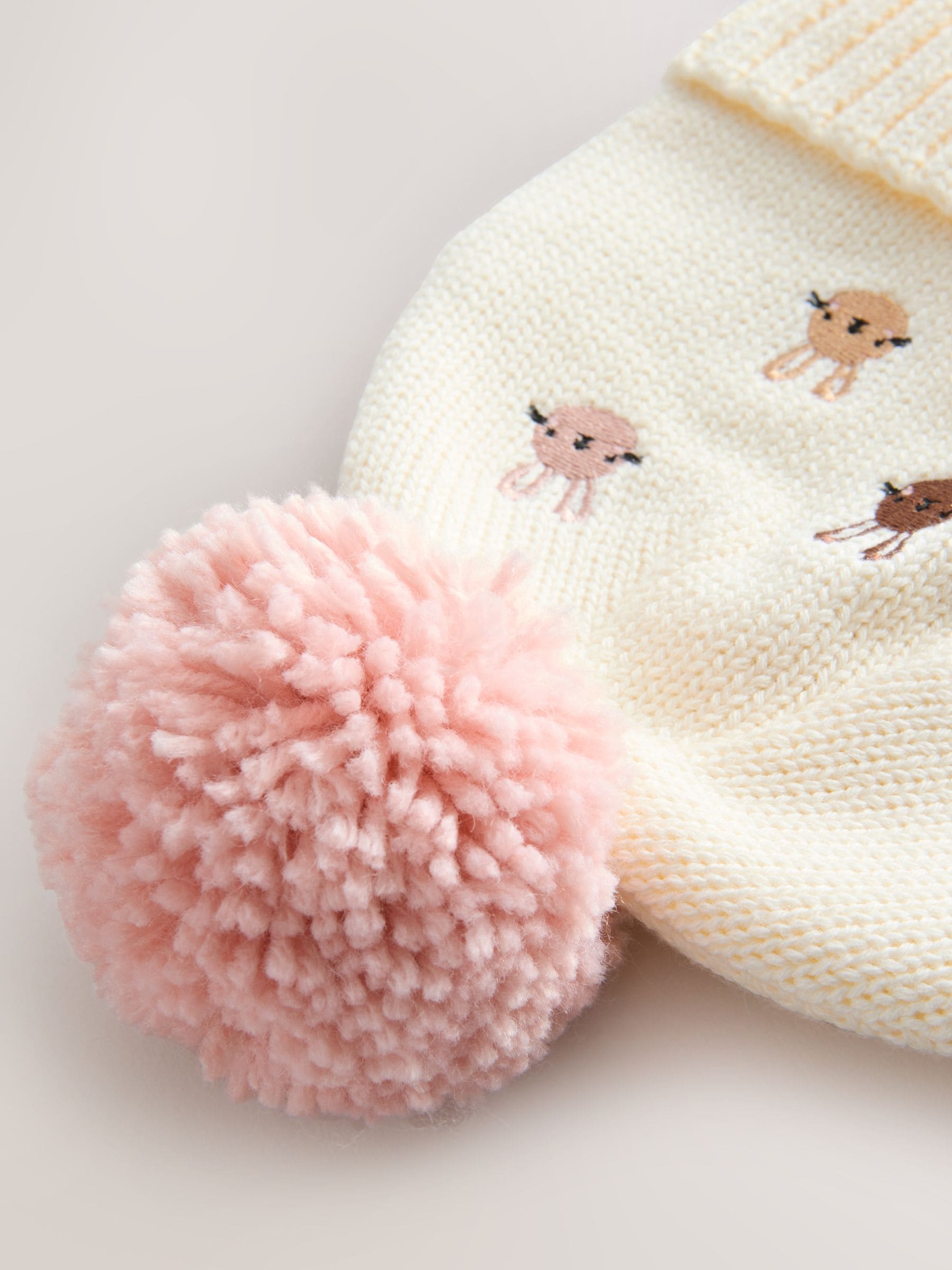 Roze/crème - Gebreide Hoeden met pompon en geborduurd konijnfiguur (0mnd -2jr)