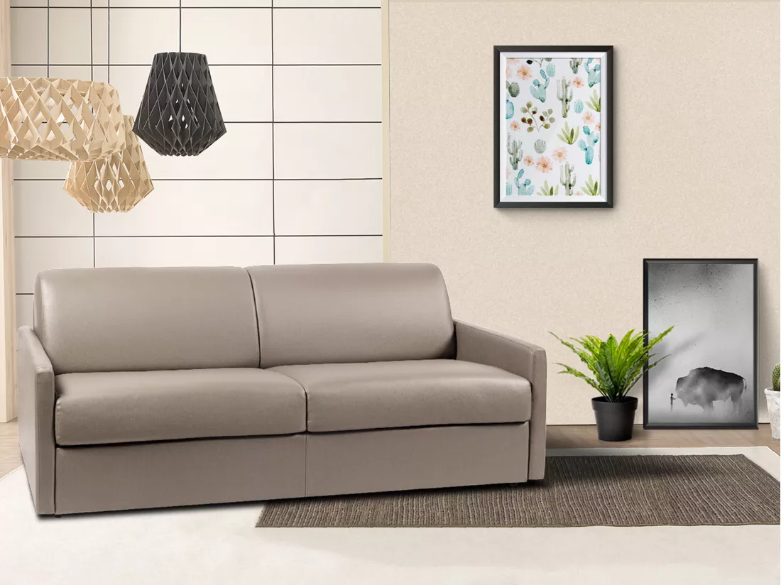 Canapé 4 places convertible express en simili taupe - Couchage 160 cm - Matelas 14 cm CALIFE