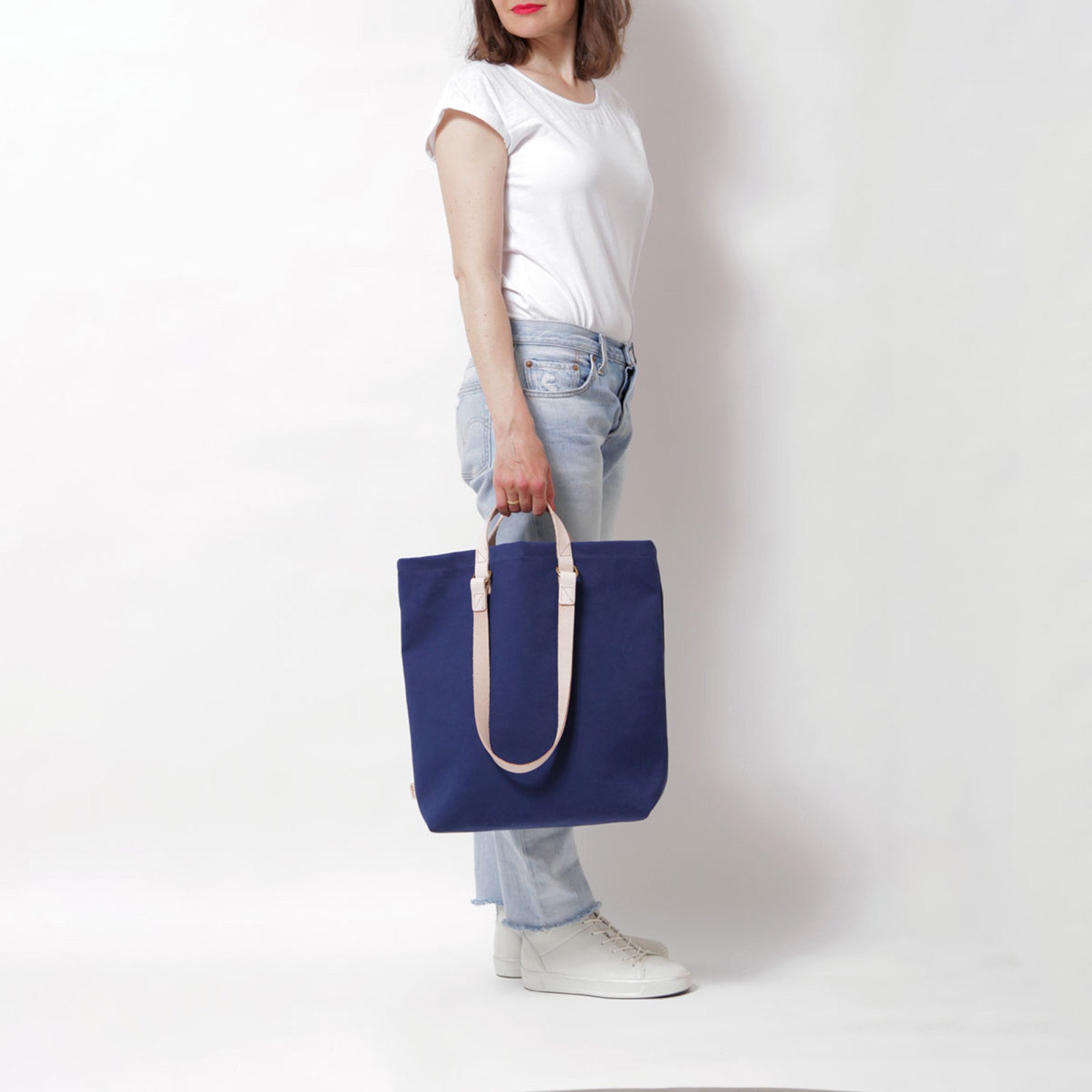 Shopper Sam Navy, Leder Natur
