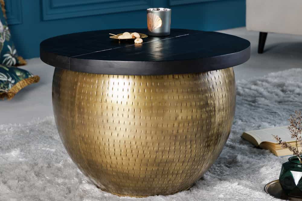 Runder Couchtisch DRUMP STORAGE 60cm gold schwarz Mangoholz Metall mit Stauraum Hammerschlag