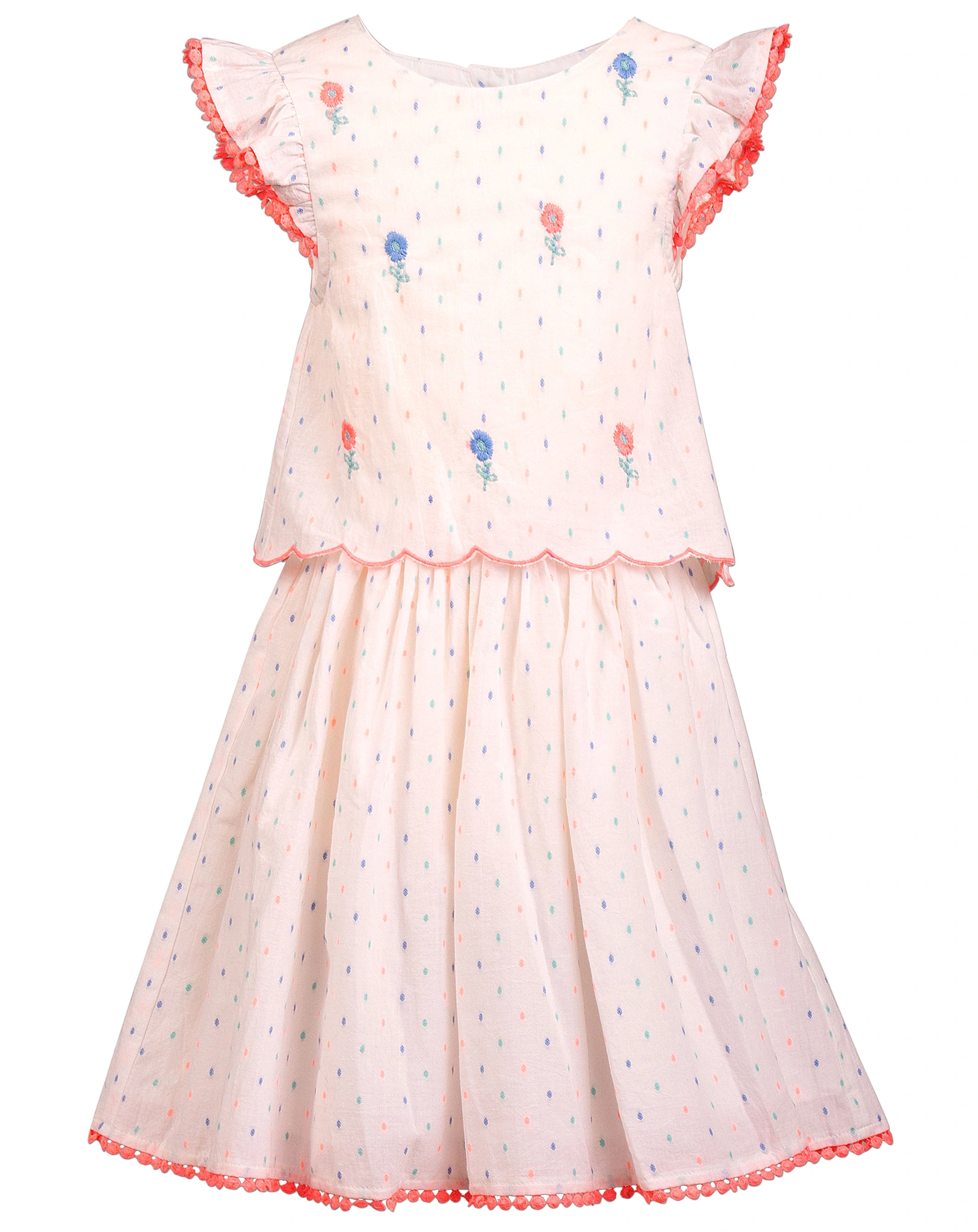 Kurzarmkleid DOTS & FLOWERS mit Rüschen in neon coral