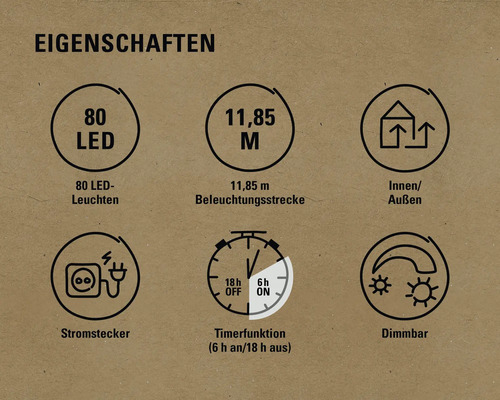 Lafiora LED-lichtsnoer, 11,85 m + 10 m aansluitdraad, 80 LED's, amberkleurige lichtkleur