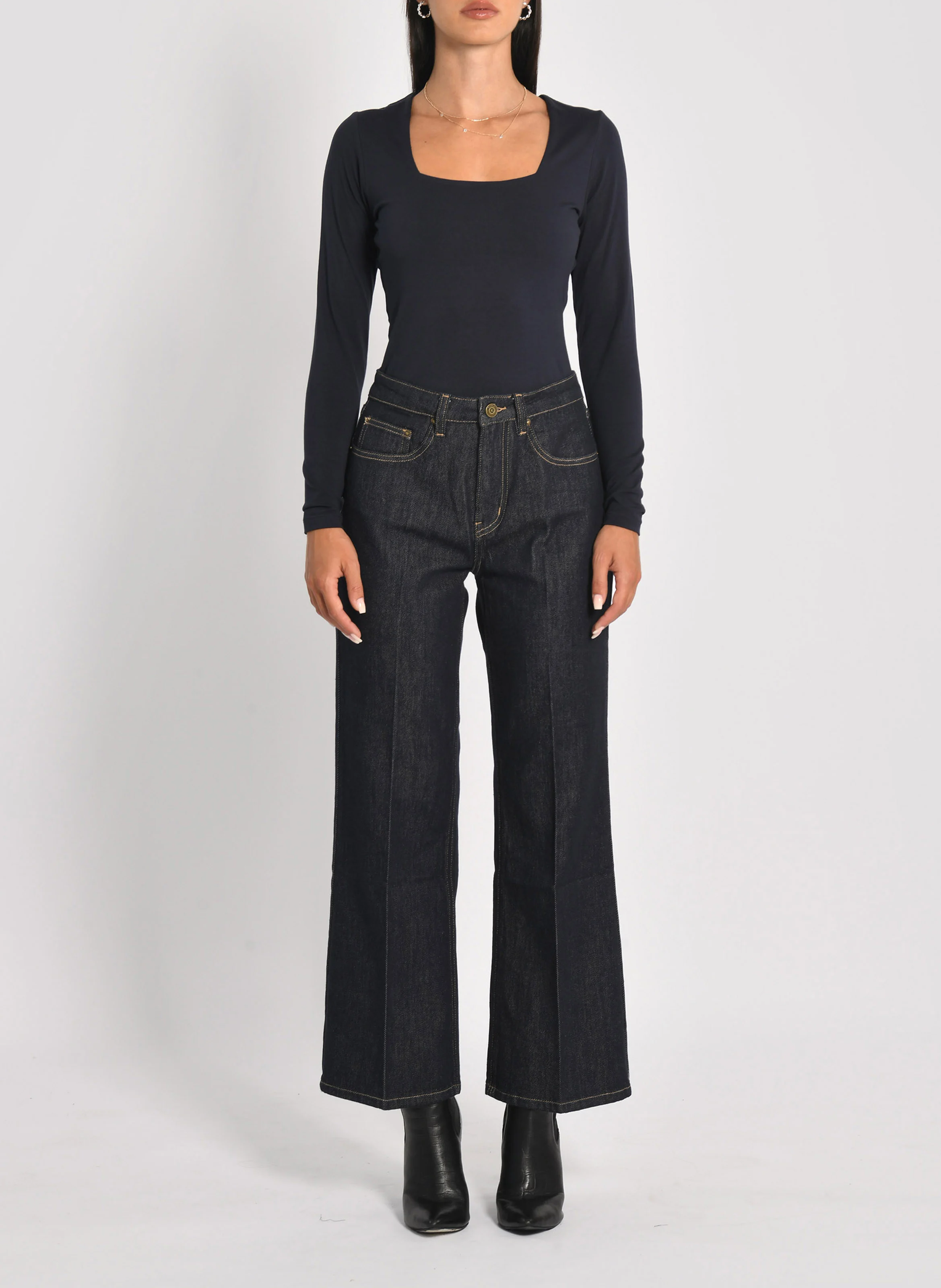 CLEMENTINE - Top col carré en coton mélangé | Bleu