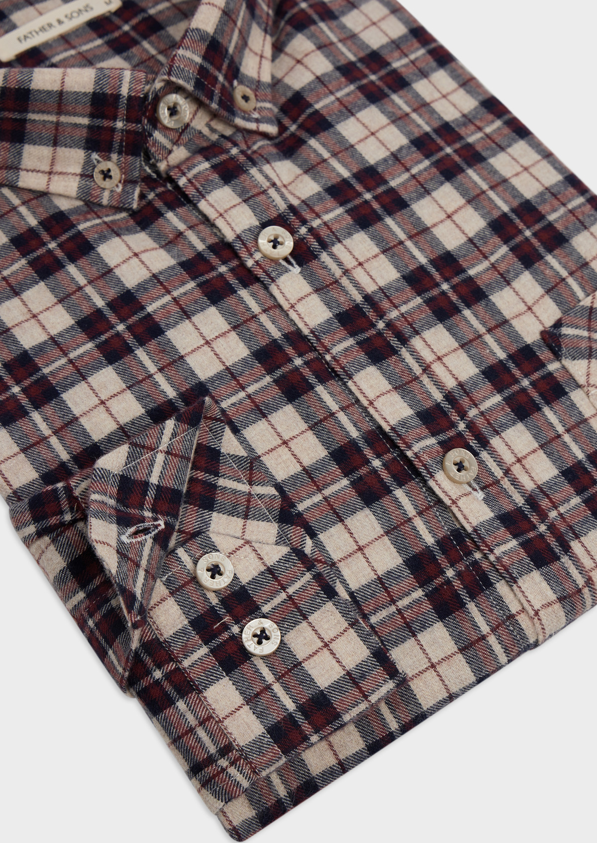 Chemise sport Slim en popeline de coton mélangé beige à carreaux rouge et bleu marine