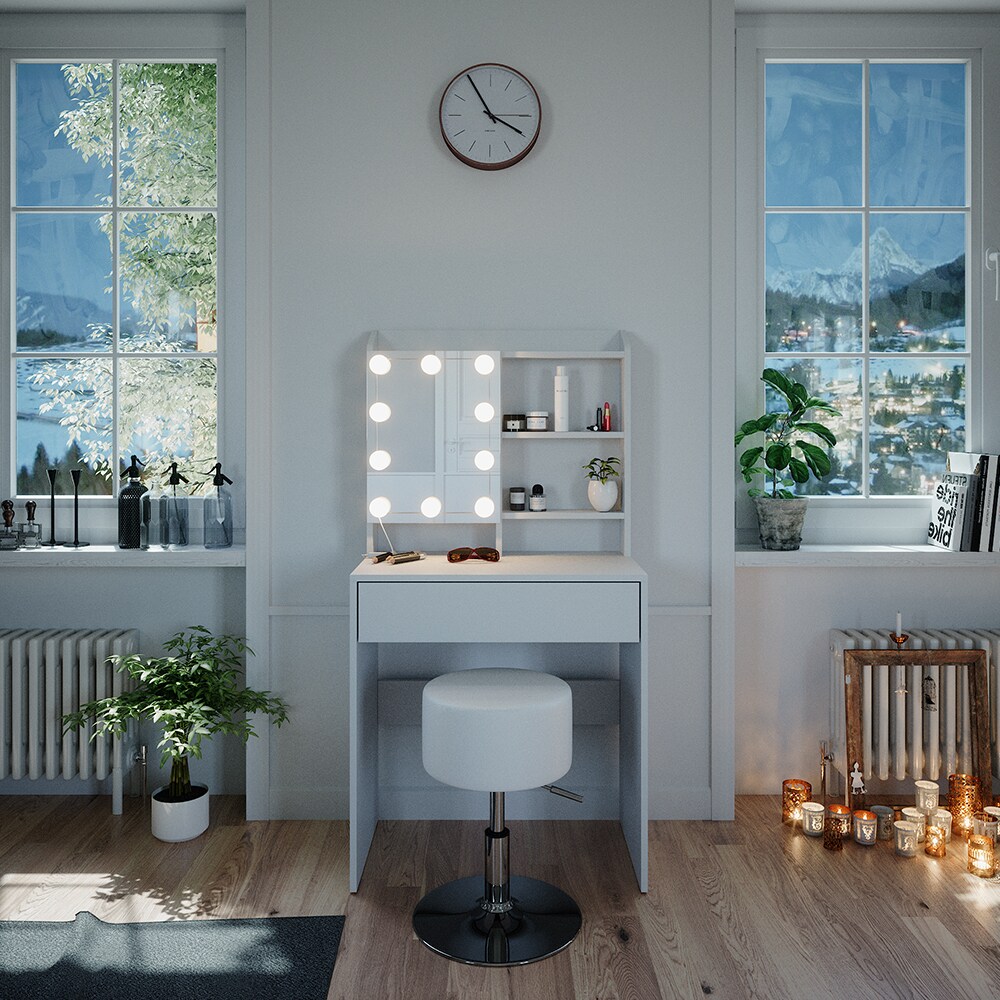 Vicco Schminktisch Frisiertisch Frisierkommode Laura Weiß LED Hocker 70x136 cm Spiegelschrank modern Schlafzimmer Kommode Schminkspiegel Schrank Schublade Kosmetiktisch Make-Up-Tisch
