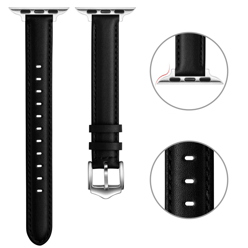 Apple Watch (42/41/40/38 mm) Echtleder Ersatz Armband mit Dornschliesse (Gelenkumfang 156-221 mm) - Schwarz / Silber