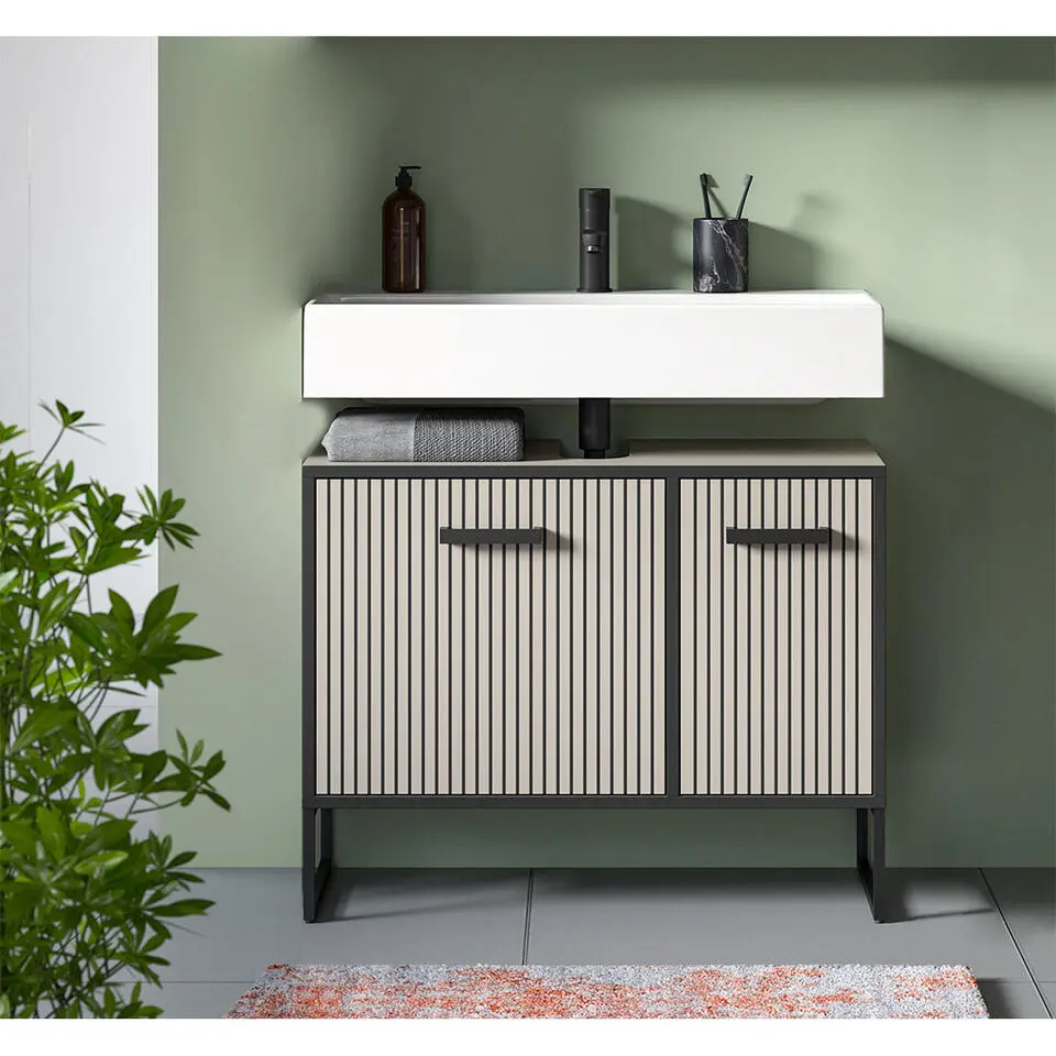 Hioshop Bagno wastafel 2 deuren lichtgrijs- crèmekleurig