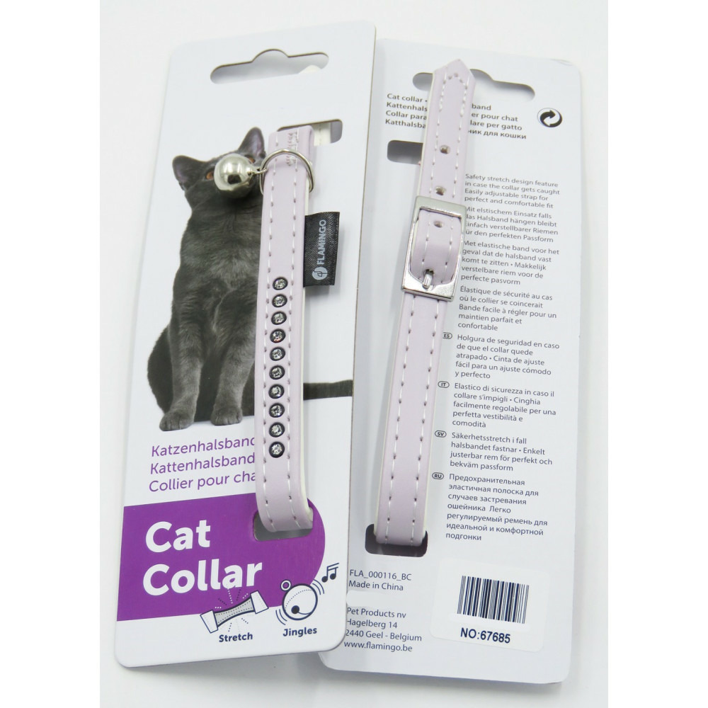 Collier 30 cm x 11 mm, rose clair avec strass et clochette pour chat