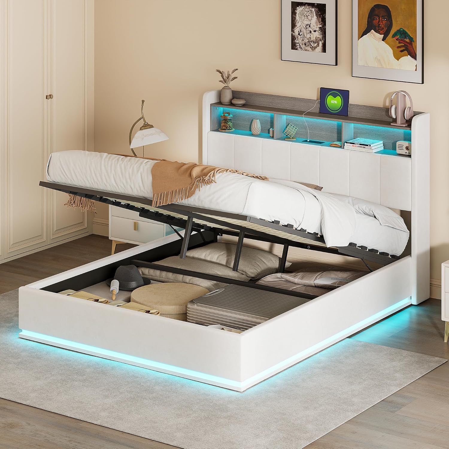 Bett mit Stauraum,Polsterbett Doppelbett 140x200 cm mit LED,Hydraulisch Stauraumbett LED-gepolstertes Bett mit Bettkasten für Doppelbett mit Aufbewahrung mit Kopfteil und Lattenrost Funktionsbett