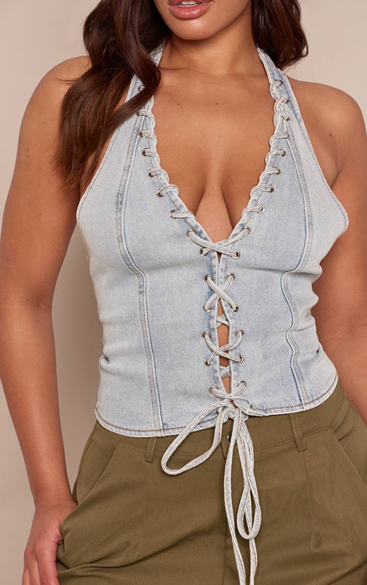Bleu Top Corset En Denim Clair À Laçage Shape Light