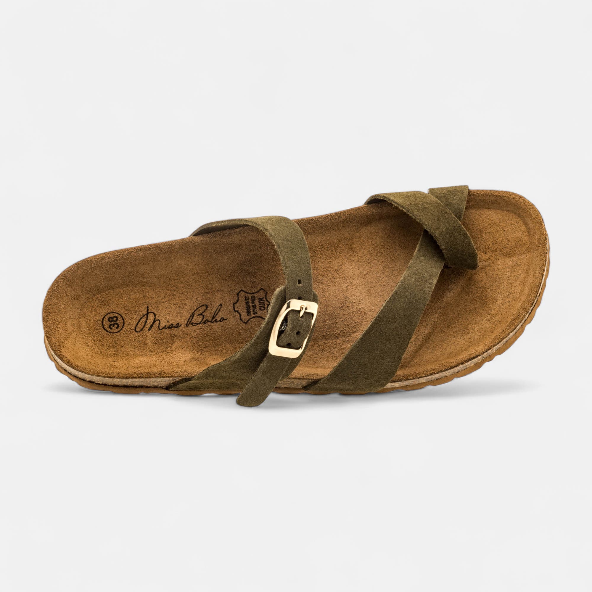 Mules semelle liège Femme en cuir kaki