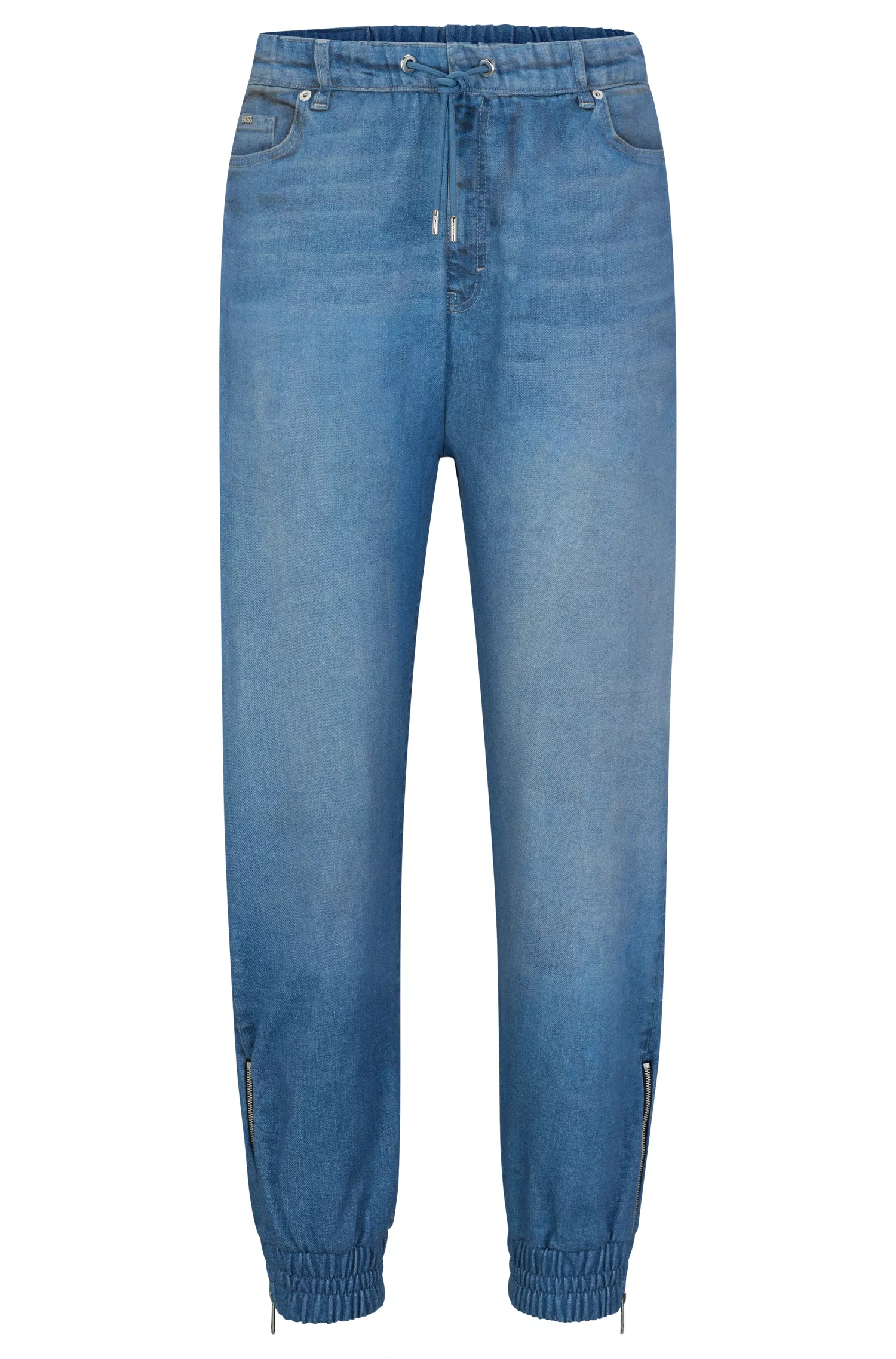 Calça de fato de treino BOSS preta em tecido atoalhado de algodão com estampa de efeito jeans.