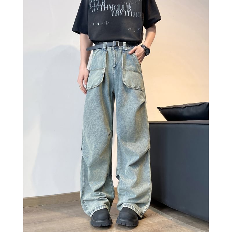 Filmas - Mid Rise Washed Ruched Wide Leg Cargo Jeans