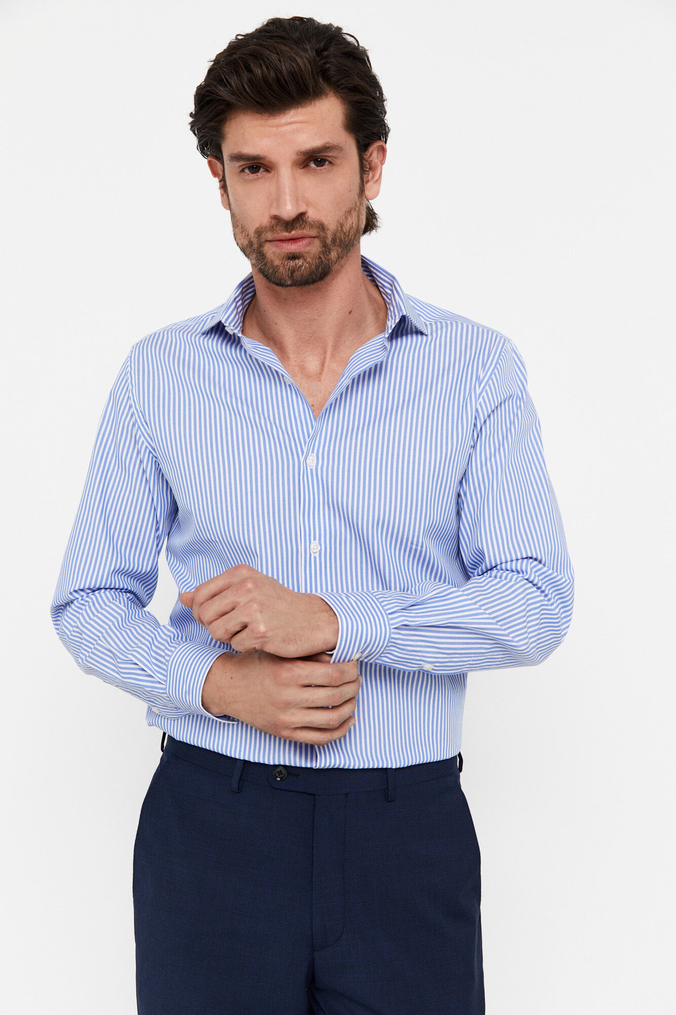 Camisa social listrada, fácil de passar - Azul