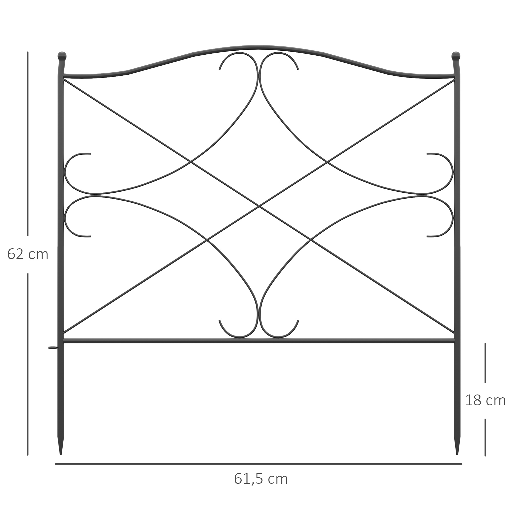 Cerca decorativa de jardim Outsunny com 5 painéis, 305 x 62 cm, cerca de privacidade em metal com estacas e bordadura para gramado, barreira para animais, preta.