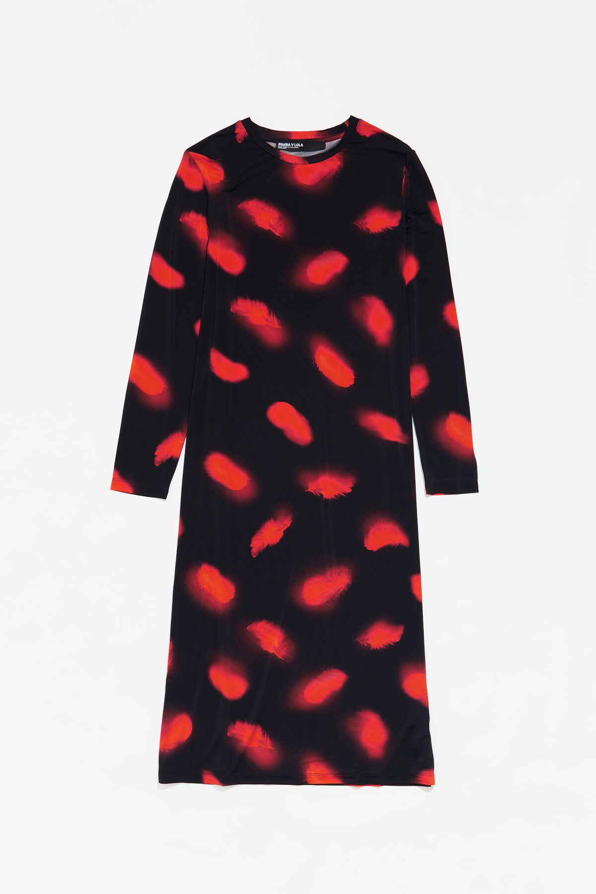 Vestido midi vermelho de viscose com penas.