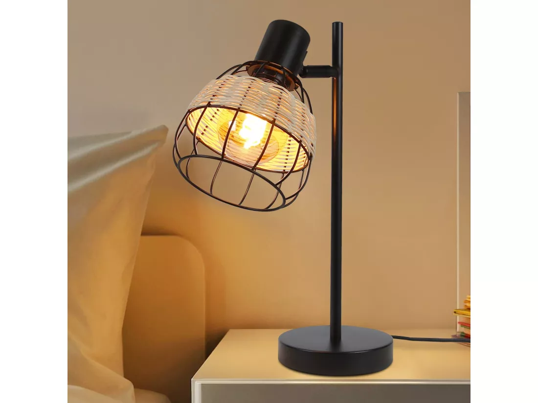 NETTLIFE Lampe de table Vintage Salon Noir - E27Bambou Pivotant Abat-jour avec interrupteur Max.40W - Sans ampoule