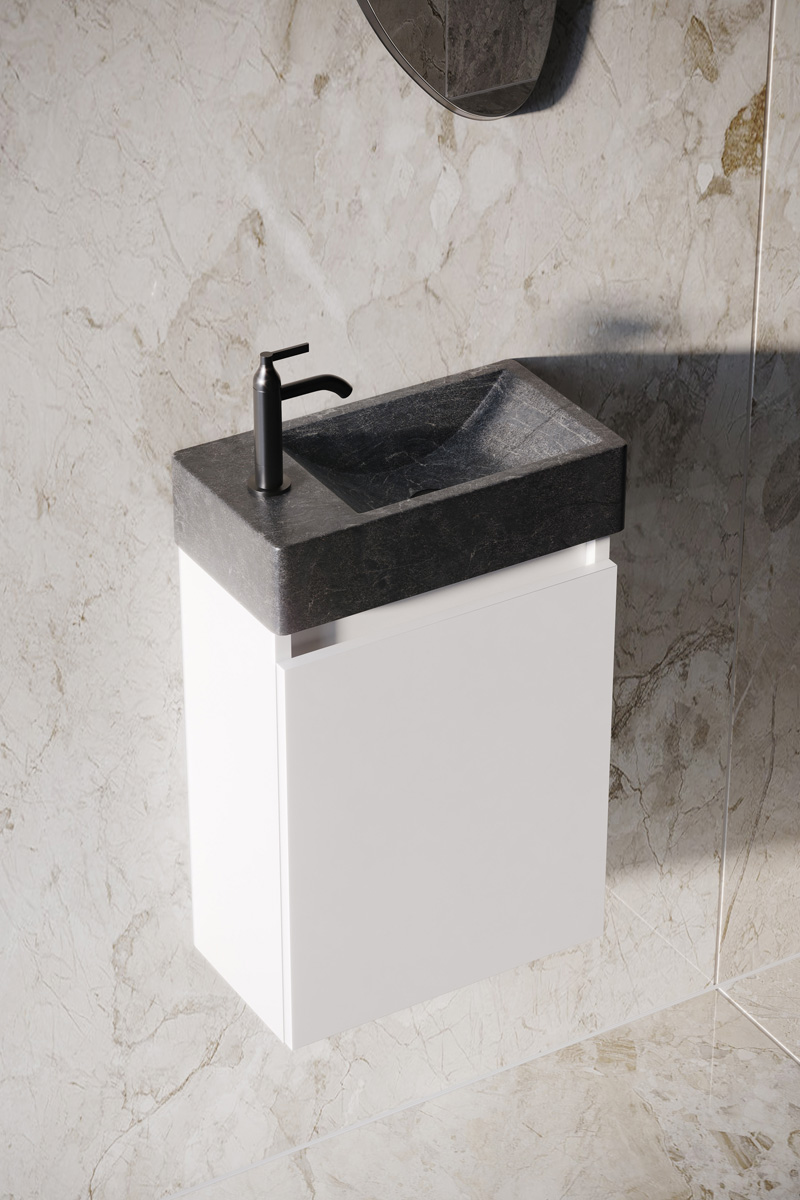 Fontana Recto toiletmeubel mat wit 40x22cm met natuurstenen fontein links