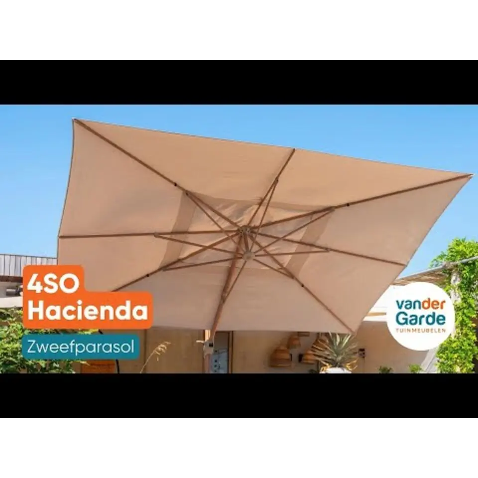 4-Seasons zweefparasol Hacienda 300 x 400 - Woodlook/Sand met voet en hoes