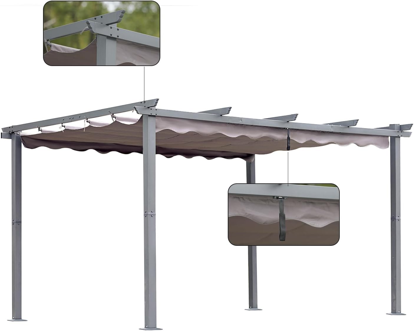Garten Pergola 3 x 4 m Pavillon Gartenpavillon aus Aluminium in anthrazit,Dachrohre aus Stahl,Verstellbares Dach aus Polyester UV Beschattung Grau
