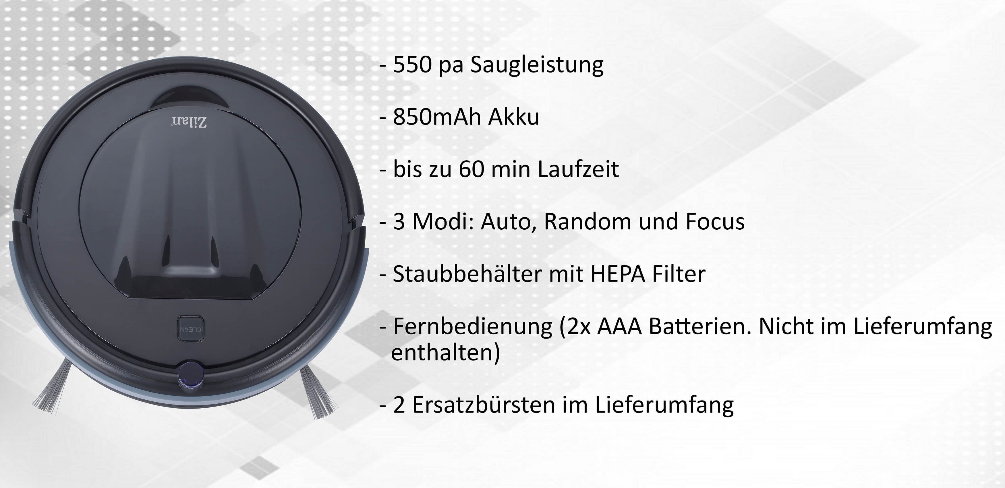 Zilan Saugroboter 550pa 850mAh Fernbedienung Staubbehälter HEPA Filter