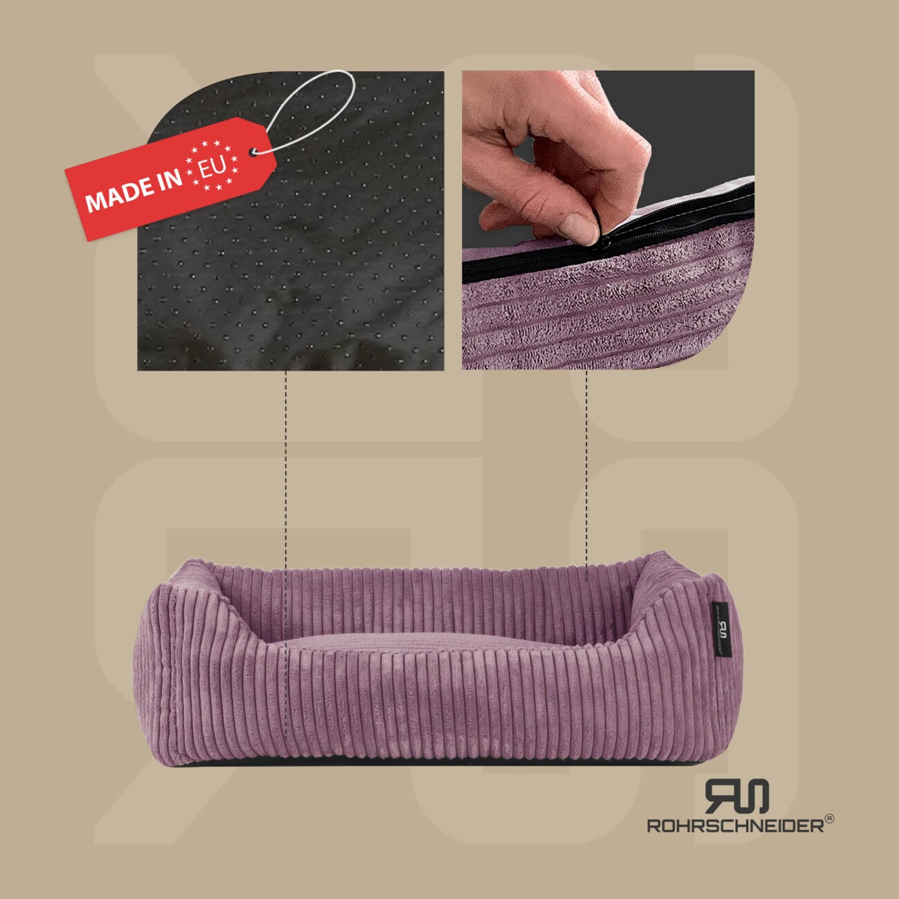 Rohrschneider ® Hundebett waschbar für kleine Hunde mit Hundekissen Cord (ca. 55x42 cm) inkl. Gassibeutel