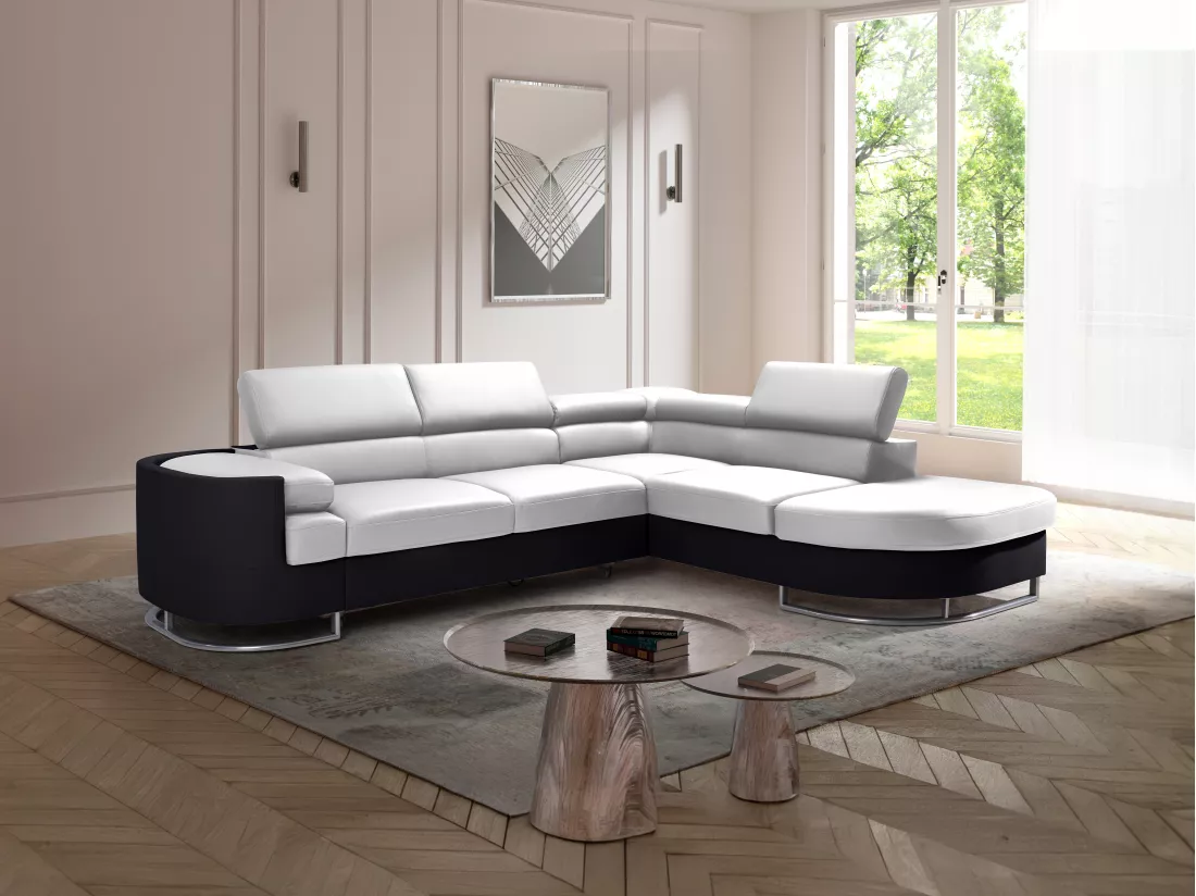 Canapé d'angle droit convertible en simili blanc et noir MYSEN II