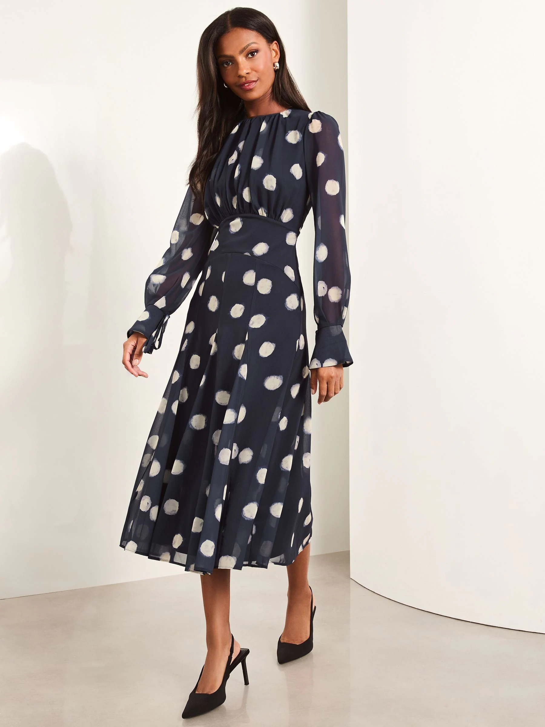 Marineblauwe stip - Lipsy Long Sleeve Underbust Fit And Flare Midi Dress