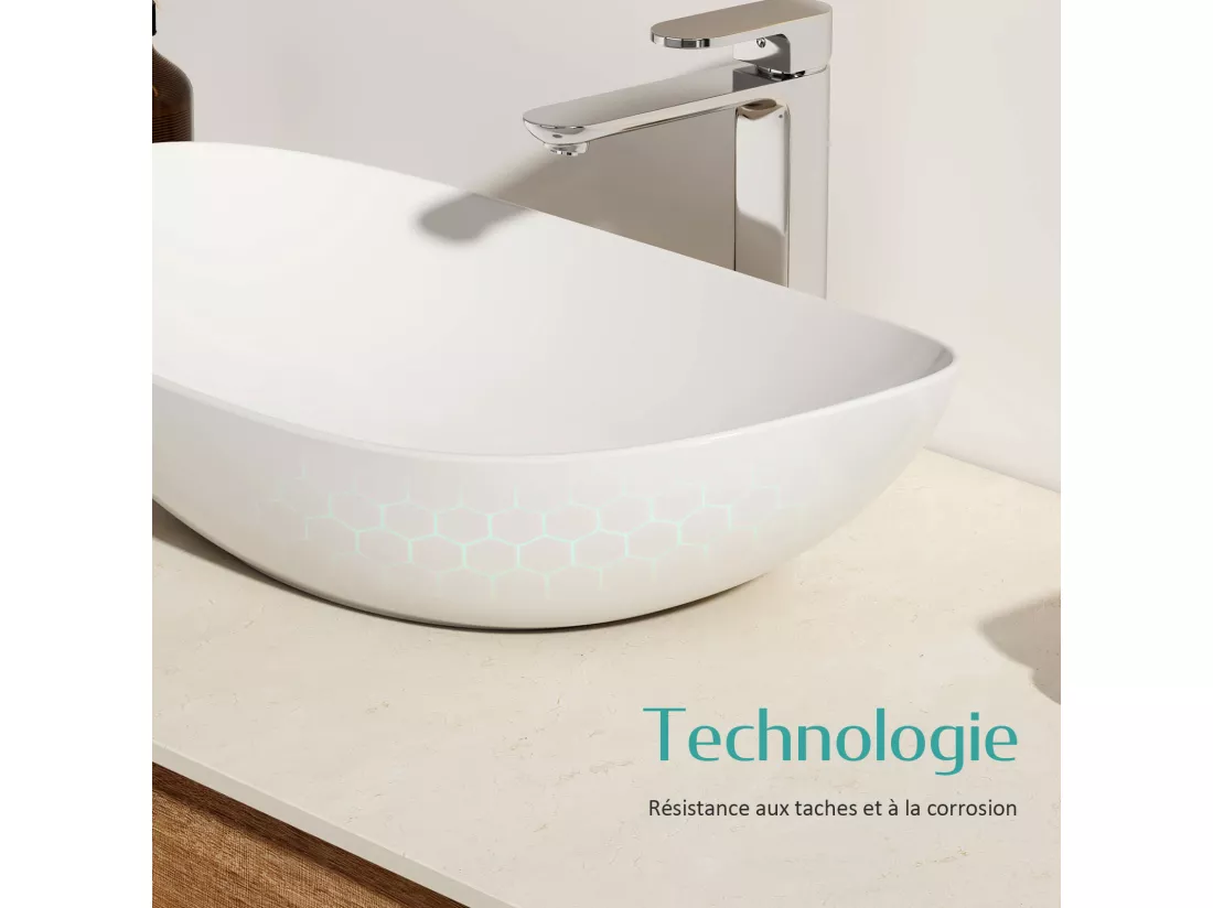 EMKE Vasque à Poser en céramique 35×27×11cm, Lavabo salle de bain Ovale, Lavabo à poser blanc brillant