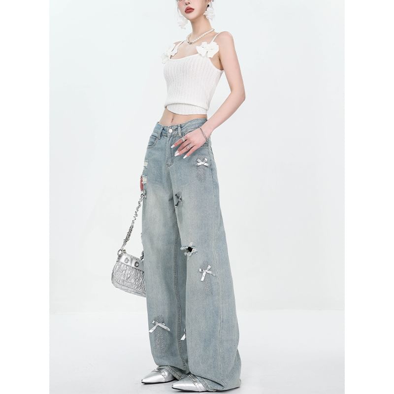 Rosesand - High Rise Washed Bow Accent Ripped Loose-Fit Wijde Jeans