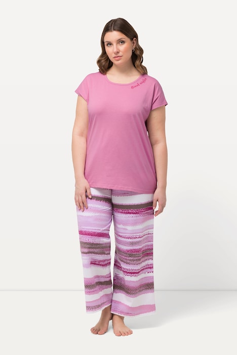 Pyjama, Streifen, Stickerei, Rundhals, Halbarm