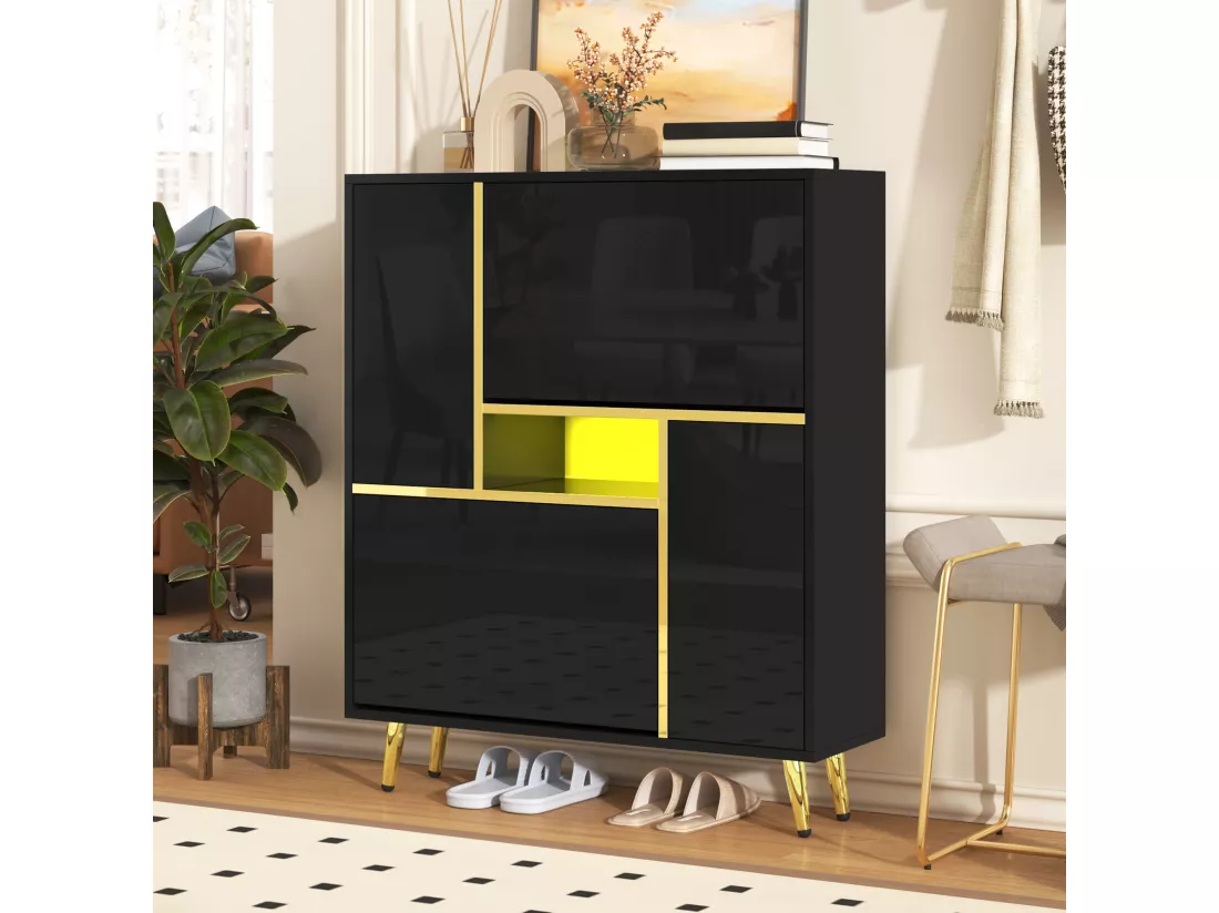 Armoire à Chaussures Moderne avec Lumière LED 16 Couleurs et Façade Haute Brillance, Noir, Design Élégant (80 x 25 x 96 cm)