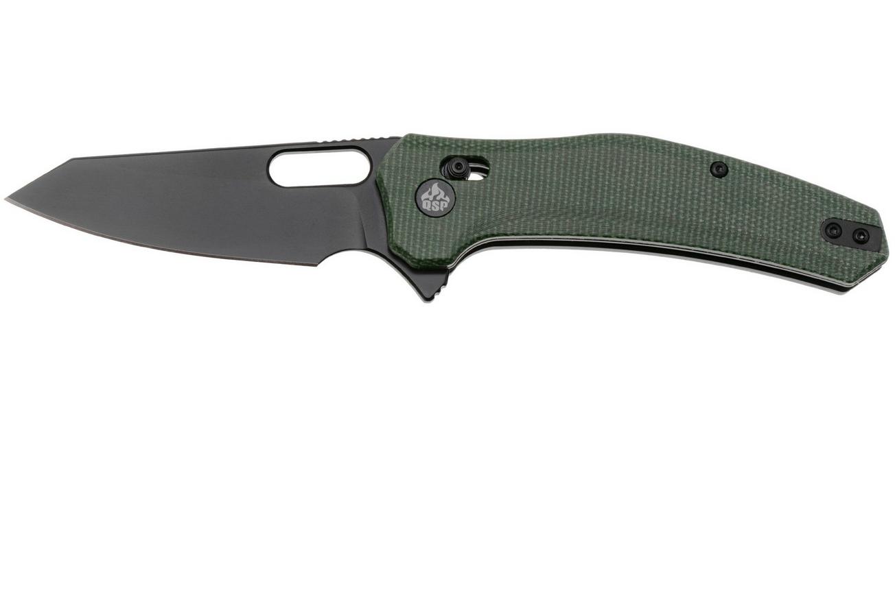 QSP Knife Emu 164-B2, Black 14C28N, Green Micarta, zakmes