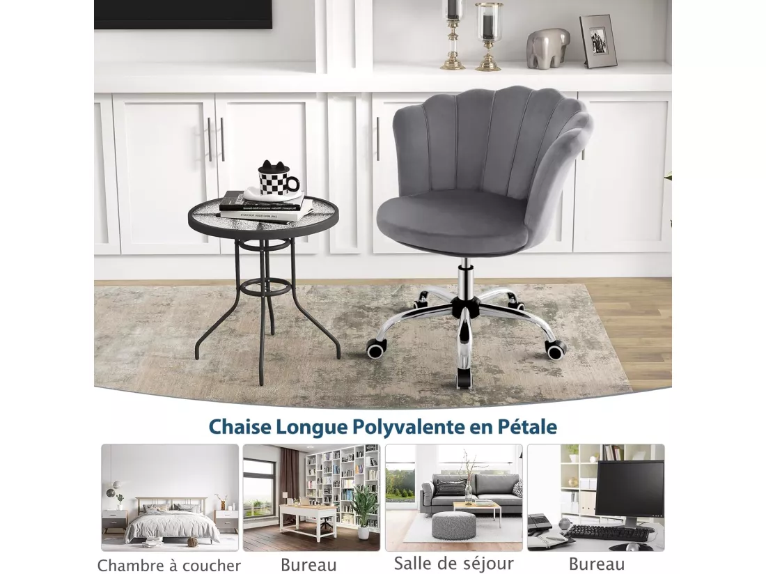 Fauteuil de Bureau en Velours avec 5 Roues Universelles, Chaise de Coiffeuse avec Hauteur Réglable, Chaise Salon Rembourrée Pivotante, Forme de Coquillage, pour Salon, Chambre, Bureau (Gris)