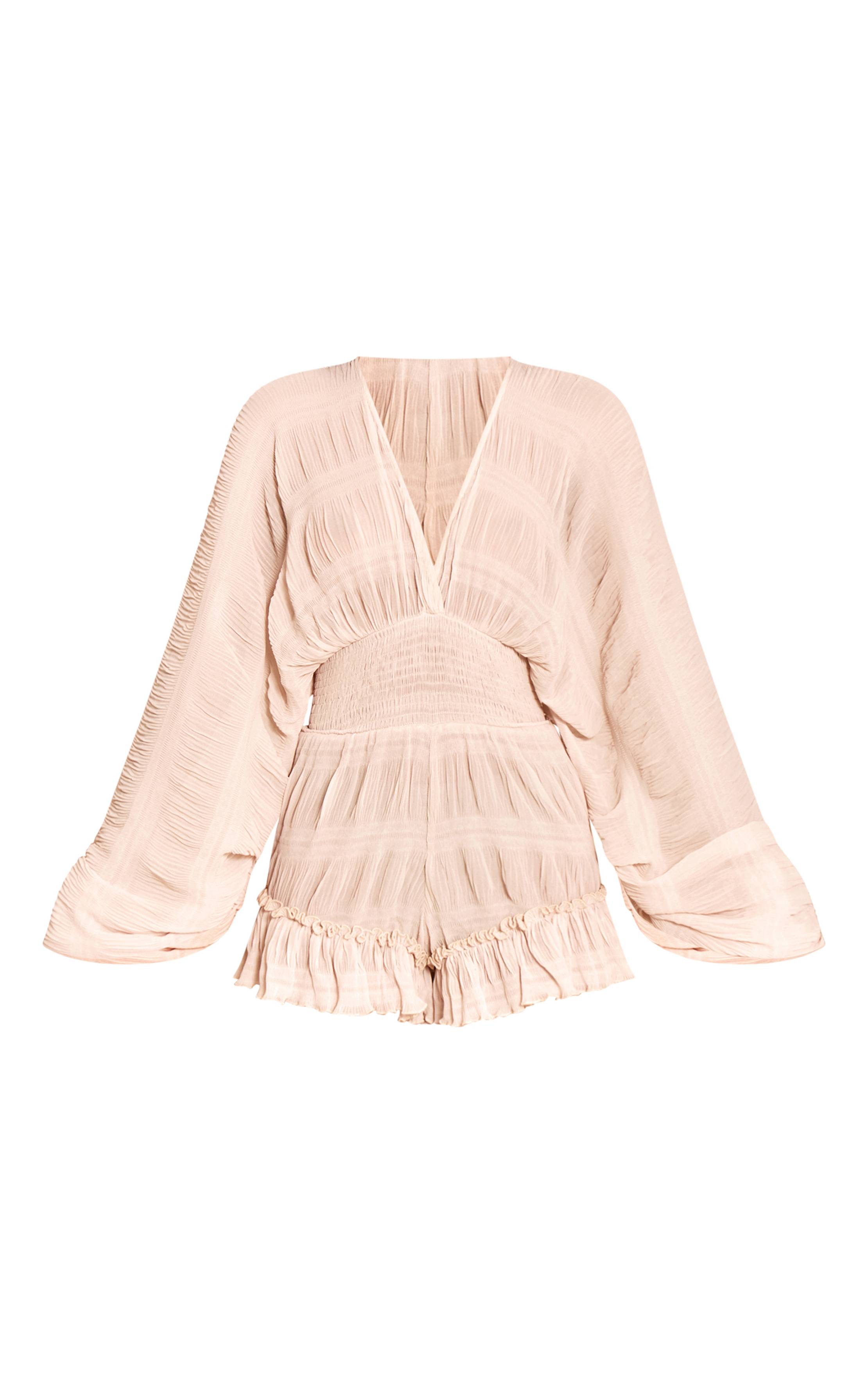 Crème Combi-short Texturé À Col V Et Volants