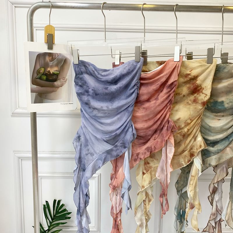 Iasia - Tie Dye geplooide asymmetrische mesh tubetop met ruches